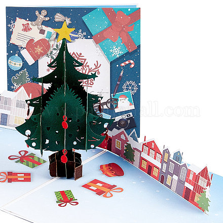 長方形の3dクリスマスツリーは紙のグリーティングカードをポップアップします  封筒付き  クリスマスの日の招待状  クリスマスツリー模様  150x150x4.5mm AJEW-WH0289-25-1