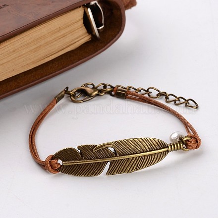 Feather Alloy Link Cord Bracelets BJEW-E288-01-1