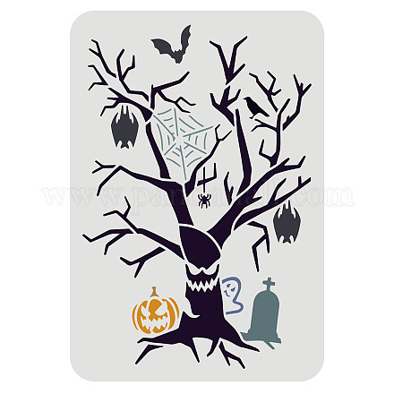 FINGERINSPIRE Halloween Themed Hollow Tree Designs Stencils with Pumpkin Bat Ghost 29.7x21cm Drawing Decoration Template Painting Stencils Reusable Mylar Template for DIY Halloween Card Wood Signs DIY-WH0202-329-1