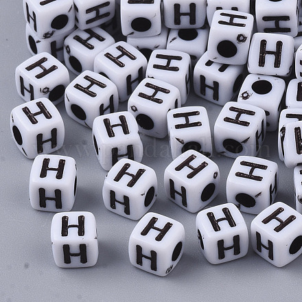 白い不透明なアクリルビーズ  水平穴  黒いアルファベットのキューブ  文字.h  4~5x4~5x4~5mm  穴：1.8mm  約6470~6500個/500g MACR-R869-02H-1