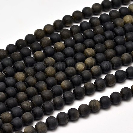 Chapelets de perles rondes en obsidienne brillante mate dorée naturelle G-F266-04-6mm-1