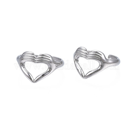 304 Stainless Steel Heart Gesture Open Cuff Ring for Women RJEW-S405-260P-1