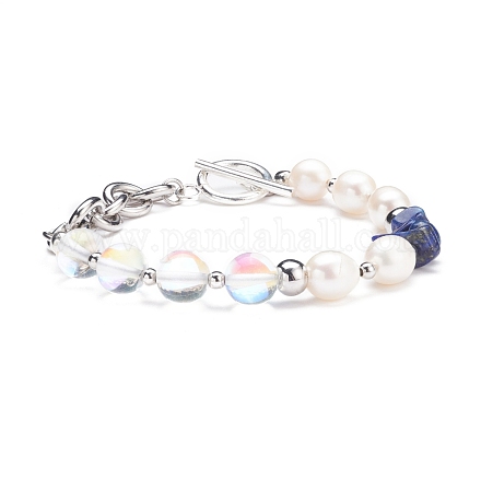 Bracelet en perles de lapis-lazuli naturel (teint) et pierre de lune synthétique et perle BJEW-TA00058-1