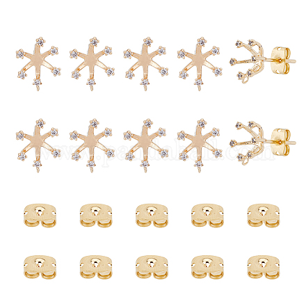 Superfindings 10 pz veri risultati di orecchini a bottone a fiore placcati oro 18k con 10 pezzi di dadi in ottone chiari cubic zirconi risultati di orecchini a bottone in ottone con anelli verticali per orecchino fai da te KK-FH0006-77-1