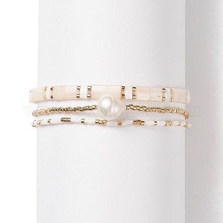 3 stücke 3 stil natürliche perle & glas saatperlen stretch-armbänder set für frauen BJEW-JB08889-1