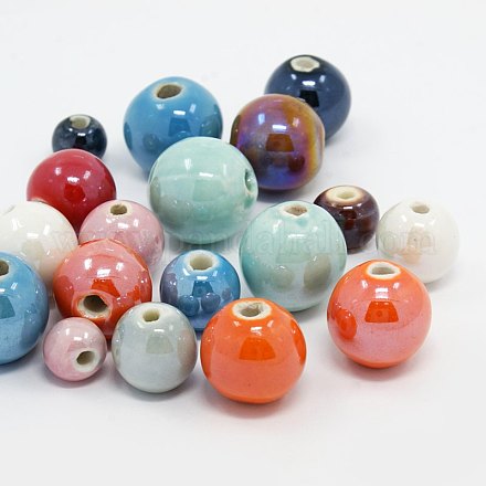 Perles mélangé à la main porcelaine nacrées rondes à brins PORC-D001-8-16mm-M-1