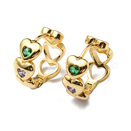 Серьга-кольцо с цветным кубическим цирконием и полым сердцем EJEW-P229-04G-1