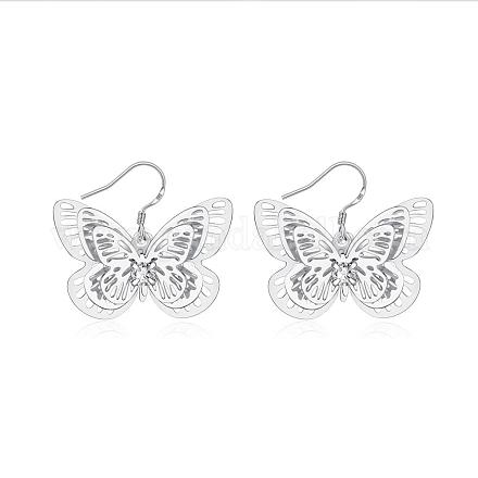 Graceful Silver Plated Brass Filigree Butterfly Dangle Earrings EJEW-BB00705-1