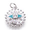 Brass Pendants, with Enamel and Cubic Zirconia, Flat Round with Eye, Clear, Platinum, 17x15x3mm, Hole: 3.5mm