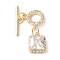 Brass Pave Clear Cubic Zirconia Toggle Clasps, Ring with Square, Real 18K Gold Plated, 24mm, Hole: 1.2mm, sqare: 10x8x5mm, hole: 1.25mm, bar: 15x4x1.5mm, hole: 1.2mm