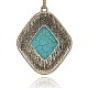 Antique Silver Plated Alloy Gemstone Rhombus Synthetic Turquoise Pendants PALLOY-J276-01AS-2