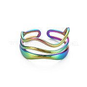 Rainbow Color 304 Stainless Steel Wave Wire Wrap Open Cuff Ring for Women RJEW-N038-047M