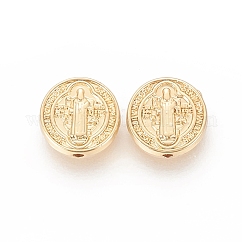 Perline in ottone,  cadmio& piombo libero, placcato di lunga durata, rotonda e piatta con CSSML croce ndsmd dio padre cristianesimo religioso, vero placcato oro 18k, 10x3mm, Foro: 1.2 mm