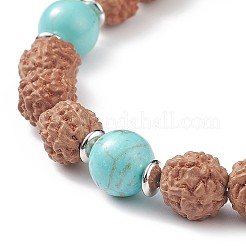 Bracelet extensible en perles de rudraksha vert synthétique (teint) et turquoise (teint) et naturel&nbsp;BJEW-TA00187-01