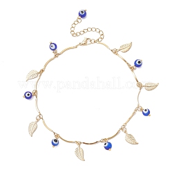 Chaîne de cheville à maillons incurvés en acier inoxydable 304 avec pompon en forme de feuille et lampwork fait à la main pour femmes&nbsp;AJEW-AN00742-02