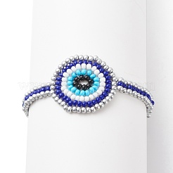 Bracelet à maillons en mauvais œil tressé en graines de verre pour femme&nbsp;BJEW-JB08398-01