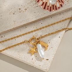 Collares con colgante de estrella de mar con forma de bota de acero inoxidable 304 con perla de imitación&nbsp;NO1573