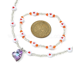Bracelet extensible en perles de coeur en acrylique et en verre et collier pendentif&nbsp;SJEW-JS01282