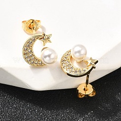 Boucles d'oreilles à tige en laiton avec micro pavé de lune&nbsp;EJEW-A135-31G