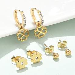 304 Edelstahl Strass Kleeblatt & runde Ohrring-Sets&nbsp;EJEW-Z098-13G
