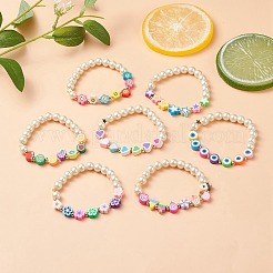 Braccialetti elasticizzati in argilla polimerica 7 pz 7 stelle e viso sorridente e fiore con perle di vetro in rilievo&nbsp;BJEW-JB08786