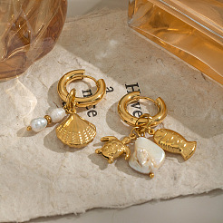 Boucles d'oreilles créoles en acier inoxydable en forme de coquillage et de tortue&nbsp;AN6394