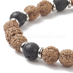 Pietra preziosa e testa buddista in lega e braccialetto elasticizzato con perline di legno per le donne&nbsp;BJEW-JB09151