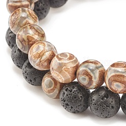 2 pièces 2 style roche de lave naturelle et agate tibétaine ensemble de bracelets extensibles perlés ronds&nbsp;BJEW-JB08312