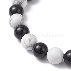 Halloween Messing Skelett Hand Charm Natur Howlith und schwarzer Onyx (gefärbt & erhitzt) runde Perlen Stretch Armbänder&nbsp;BJEW-TA00683