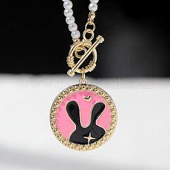 Colliers de Pâques en alliage émaillé plat rond avec pendentif lapin et perles d'imitation blanches rondes&nbsp;FS-WG9ECA9-01