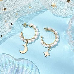 Halbe Creolen mit Mond und Stern aus Naturperlen&nbsp;EJEW-JE05895-01