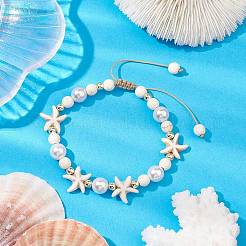 Braccialetti regolabili con perline intrecciate di turchese sintetico tinto e perle di conchiglia&nbsp;BJEW-JB10513-01