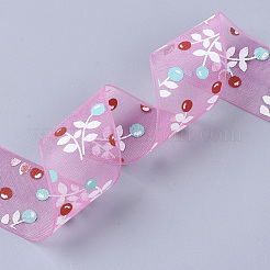 Rubans organza en polyester imprimé fleur&nbsp;ORIB-Q034-02