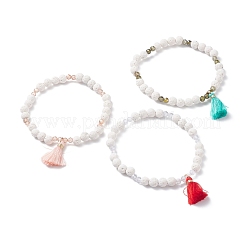 Braccialetti elastici con perline in pietra lavica naturale a 3 colori e zirconi cubici con charm con nappa&nbsp;BJEW-JB07599