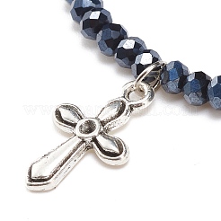 Bracelet extensible en perles rondes en verre avec breloque croix en alliage pour femme&nbsp;BJEW-JB08509