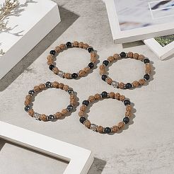 Pietra preziosa e testa buddista in lega e braccialetto elasticizzato con perline di legno per le donne&nbsp;BJEW-JB09151