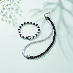 Collier de perles rondes en argile polymère yin yang et acrylique et bracelet extensible&nbsp;SJEW-JS01243