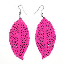 Boucles d'oreilles avec pendantifs de feuille en bois à la mode&nbsp;EJEW-F062-D