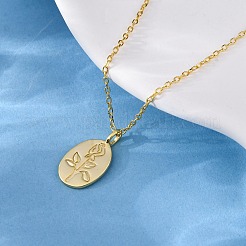 925 Halskette aus Sterlingsilber mit ovalem Anhänger und eingraviertem Rosenblütenanhänger für Damen&nbsp;NJEW-D316-03G