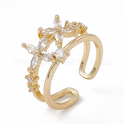 Clear Cubic Zirconia Flower Open Cuff Ring, Rack Plating Brass Jewelry for Women, Cadmium Free & Lead Free, Real 18K Gold Plated, Inner Diameter: 17.2mm
