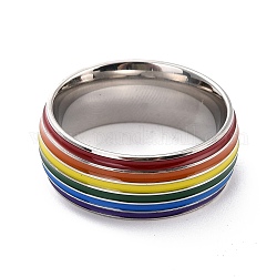 Regenbogen-Pride-Fingerring, Streifen gerillter flacher Fingerring aus Titanstahl für Frauen, Edelstahl Farbe, uns Größe 7 (17.3mm)