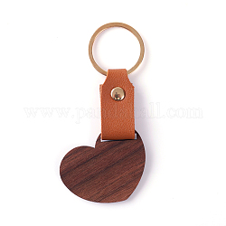 Llavero con colgante de madera y polipiel, con anillos de hierro, corazón, 10 cm