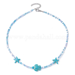 Collar sintético con cuentas de estrella de mar, tortuga y semillas de color turquesa para mujer, cielo azul profundo, 15.75 pulgada (40 cm)