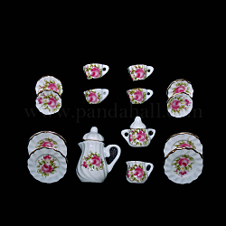 Mini servizio da tè in porcellana, comprese teiere da 2 pz, 5 tazza da tè, 8 pz piatti, per accessori per la casa delle bambole, fingendo decorazioni di scena, Modello floreale, 121x86x25mm, 15 pc / set