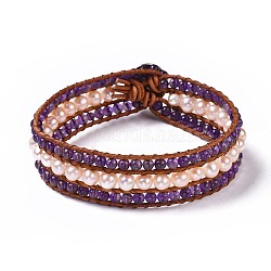 Bracelets en cordon en améthyste naturelle, avec perle d'eau douce, cordon en cuir et fermoirs en alliage, 8-5/8 pouce (22 cm), 20mm