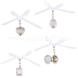 3Pcs 3 Style 316 Stainless Steel Locket Pendant Decorations, with Acrylic Imitated Pearl Beads and Satin Ribbon, Heart/Oval/Rectangle, Stainless Steel Color, 60~70mm, 1pc/style