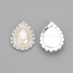 Brass Rhinestone Flat Back Cabochons, with ABS Plastic Imitation Pearl, teardrop, Silver Color Plated, Clear, 26x20x5.5mm