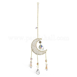Wire Wrapped Natural Quartz Crystal Chip Moon Pendant Decoration, with Glass Cone/Teardrop Charm and Brass Findings, for Home Hanging Decoration, 470~473mm