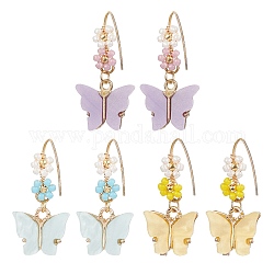 3 Paar 3-Farben-Acryl-Schmetterlings-Ohrhänger aus Legierung, Tropfenohrringe mit Saatperlenperlen und 304 Edelstahlstift, Mischfarbe, 30x14 mm, 1 Paar/Farben