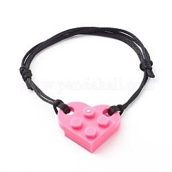 Bloques de construcción de resina pulseras de enlace, con cordón de nailon ajustable, corazón, color de rosa caliente, diámetro interior: 1-3/4~3-1/4 pulgada (4.6~8.3 cm)